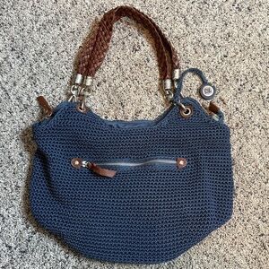 The Sak Blue Knit Shoulder Bag with Brown Braided Handles